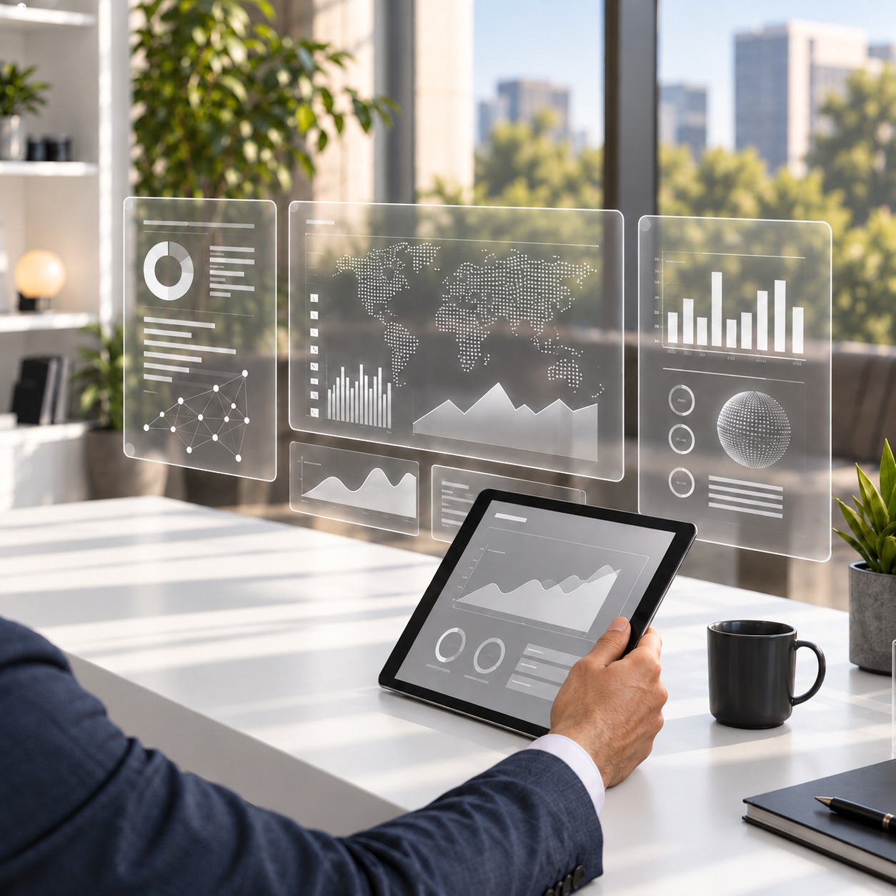 A business user working with AI dashboards on a tablet